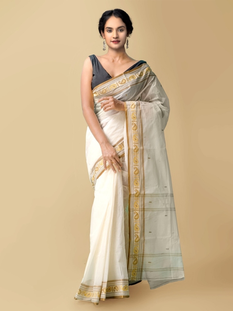 

Unnati Silks Cream-Coloured Woven Design Pure Cotton Bengal Tant Cotton Saree