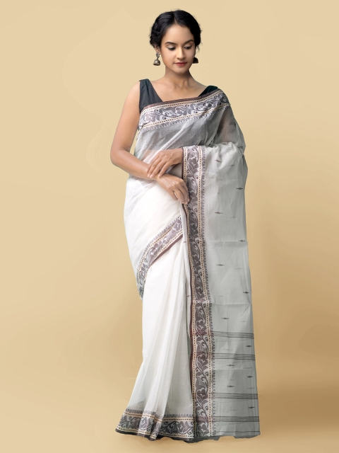 

Unnati Silks Women White Woven Design Bengal Tant Cotton Saree