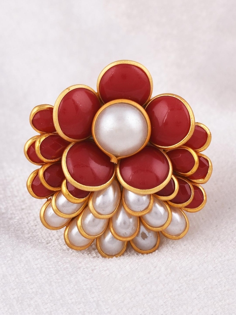 

Tistabene Gold-Tond Pearl & Red Stone Studded Handcrafted Ring