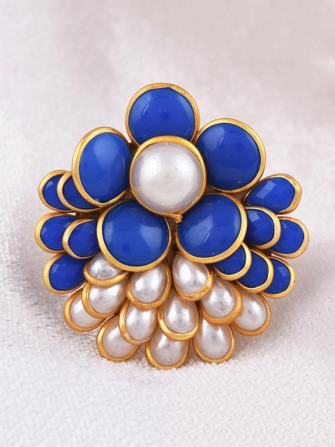 

Tistabene Gold-Toned Blue & White Pearl Handcrafted Adjustable Cocktail Finger Ring
