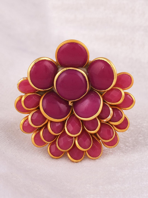 

Tistabene Gold-Toned & Pink Stone Studded Handcrafted Floral Cocktail Ring