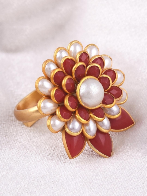 

Tistabene Gold-Toned & Red Beaded Handcrafted Adjustable Cocktail Finger Ring