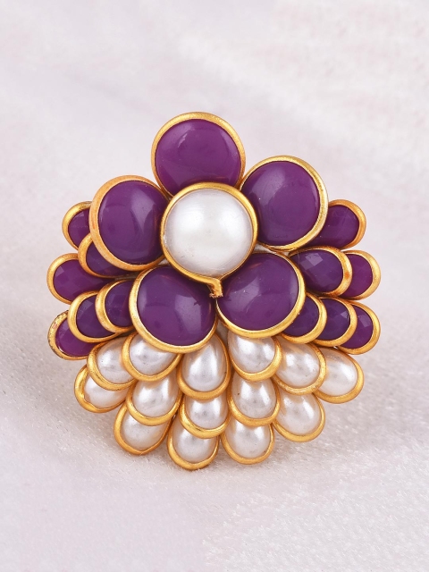 

Tistabene Gold Toned & Purple Pearl Studded Floral Handcrafted Cocktail Ring