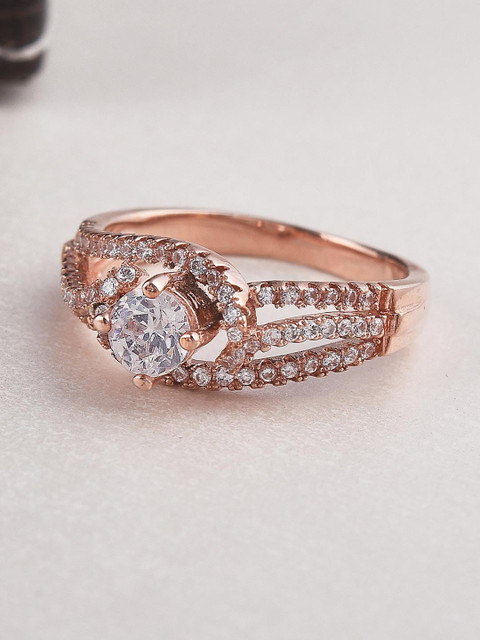 

Tistabene Rose Gold-Plated White Stone-Studded Solitaire Finger Ring