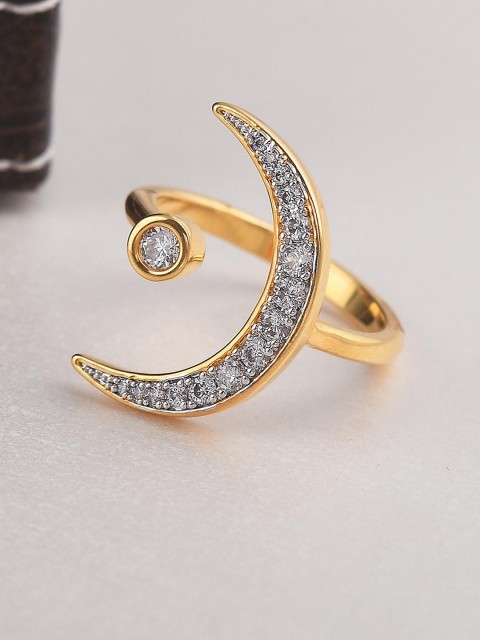 

Tistabene Gold-Toned & White Stone-Studded Half Moon and Star Cocktail Finger Ring