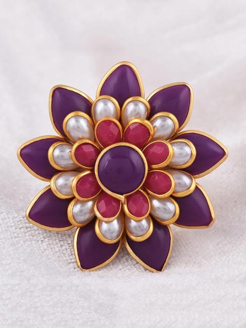 

Tistabene Gold-Toned Red & Purple Stone-Studded Handcrafted Finger Ring
