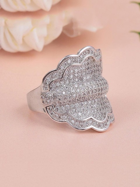 

Tistabene Silver-Toned & White Stone-Studded Cocktail Finger Ring