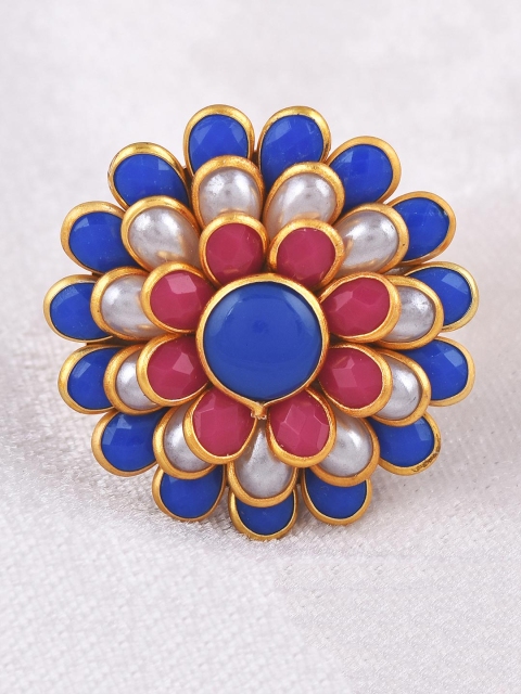 

Tistabene Gold-Toned & Blue Beaded Handcrafted Adjustable Cocktail Finger Ring