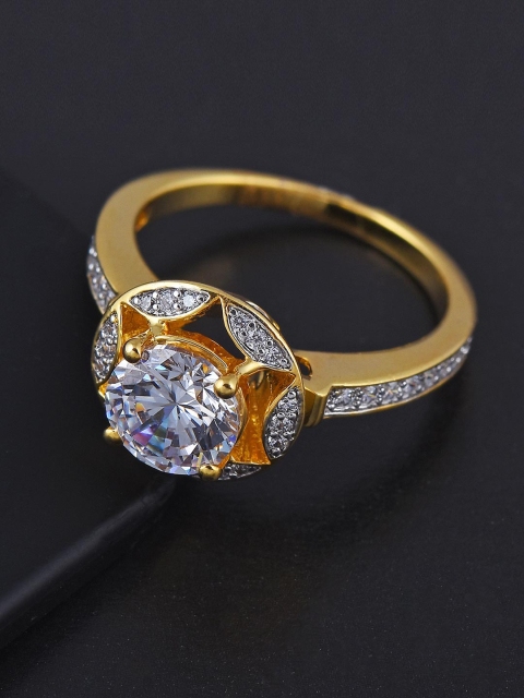 

Tistabene Gold-Toned & White Stone-Studded Classic Designer Solitaire Ring