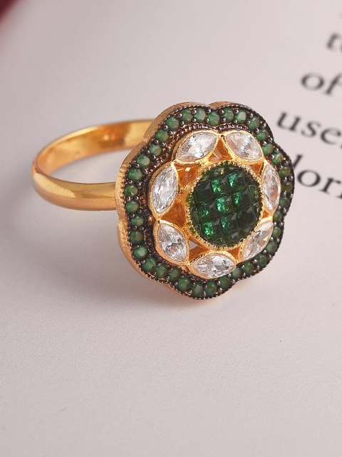 

Tistabene Gold-Plated Green & White Stone Studded Finger Ring