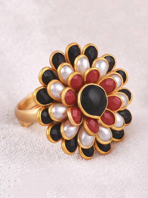 

Tistabene Gold-Toned & Black Stone-Studded Handcrafted Adjustable Cocktail Finger Ring