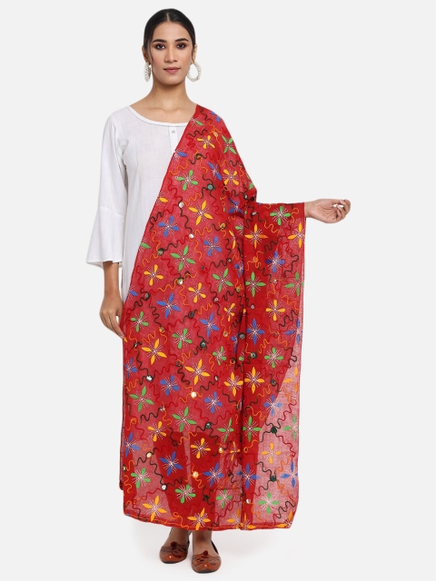 

Vastraa Fusion Red & Green Ethnic Motifs Embroidered Pure Cotton Dupatta with Mirror Work