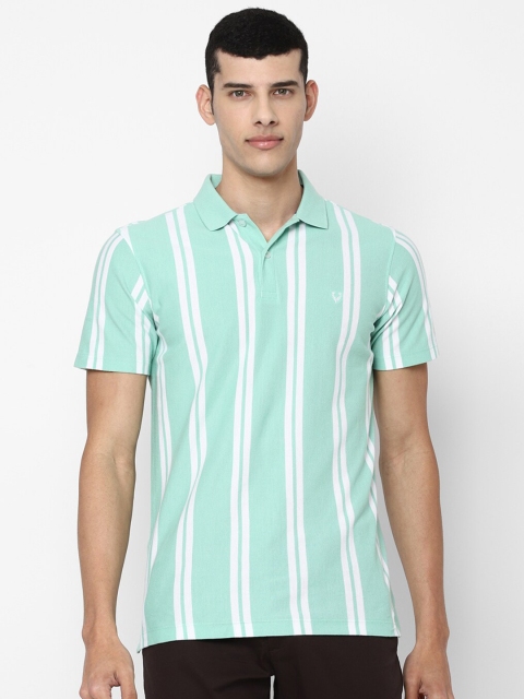 

Allen Solly Sport Men Sea Green & White Striped Polo Collar Pure Cotton T-shirt