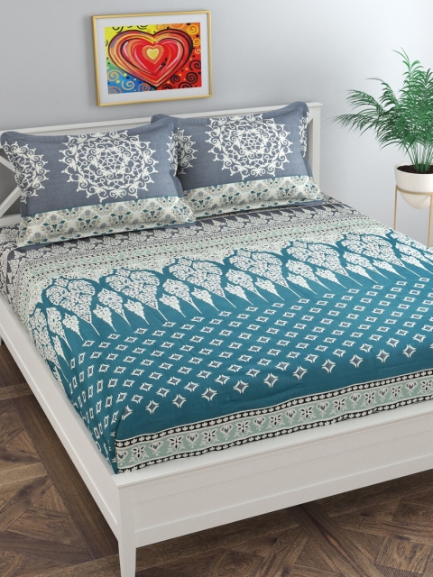 

Florida Blue & Grey Floral Printed Cotton 180 TC King Bedsheet with 2 Pillow Covers