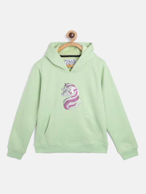 

Peppermint Girls Green Solid Hood Sweatshirt with Sequence Detail