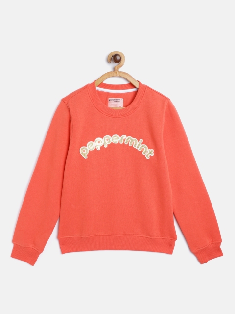 

Peppermint Girls Peach-Coloured Solid Sweatshirt with Brand Logo Sequinned Applique Detail