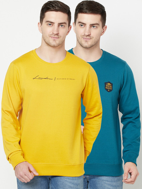 

ELEGANCE Men Pack Of 2 Yellow & Teal Blue Fleece Sweatshirts