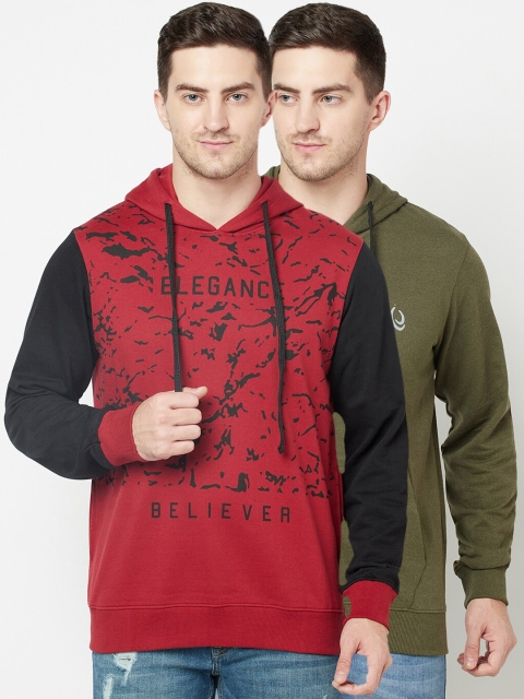

ELEGANCE Men Pack Of 2 Red & Olive Green Printed Hooded Sweatshirts