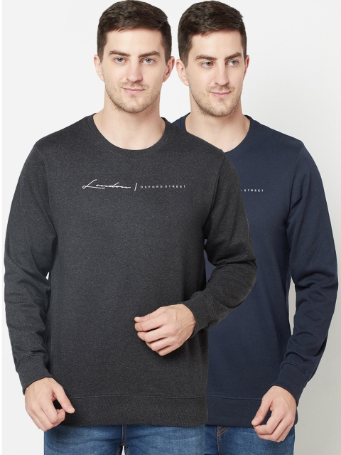 

ELEGANCE Men Pack of 2 Charcoal Grey & Navy Blue Typography Printed Sweatshirts