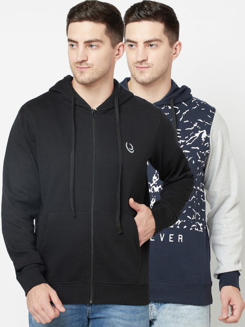 

ELEGANCE Men Black & Navy Blue Pack Of 2 Front-open Printed Hooded Sweatshirt