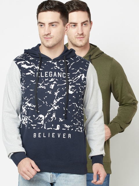 

ELEGANCE Set-2 Men Navy& Olive Printed Hooded Sweatshirt, Navy blue