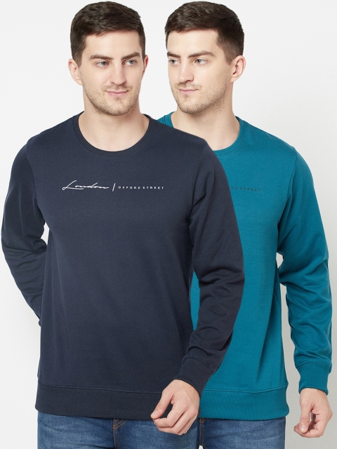 

ELEGANCE Men Pack of 2 Navy Blue & Teal Typography Printed Sweatshirts