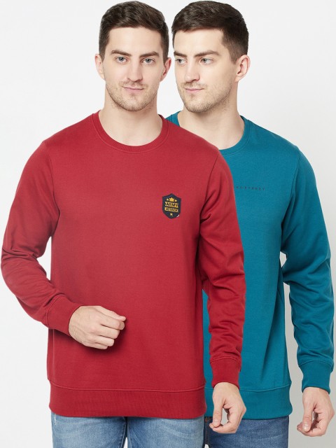 

ELEGANCE Men Teal & Red Solid Pack Of 2 Sweatshirt