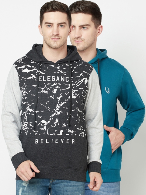 

ELEGANCE Men Pack Of 2 Grey & Teal Blue Printed Hooded Sweatshirt