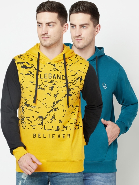 

ELEGANCE Set-2 Men Mustard& Teal Printed Hooded Sweatshirt