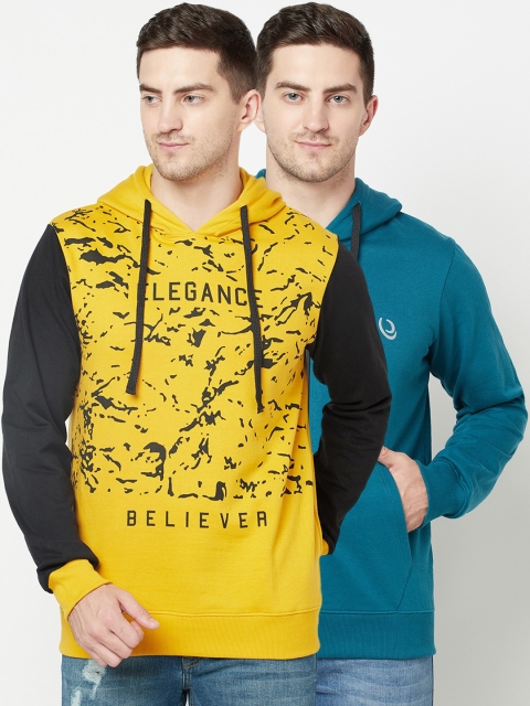 

ELEGANCE Set-2 Men Mustard& Teal Printed Hooded Sweatshirt