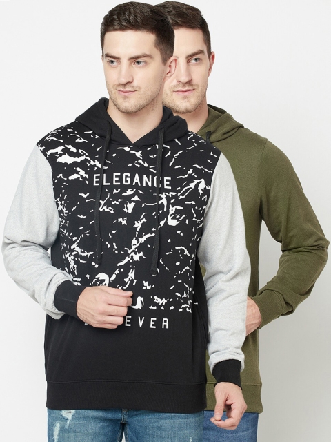 

ELEGANCE Men Pack Of 2 Black & Olive Green Printed Hooded Sweatshirt