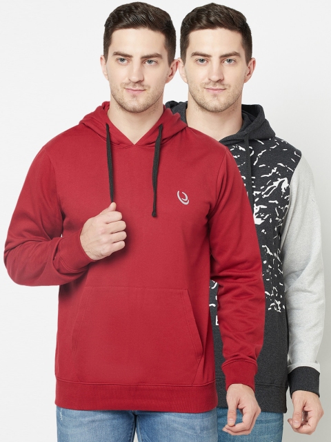 

ELEGANCE Men Pack of 2 Red & Grey Printed Hooded Sweatshirts