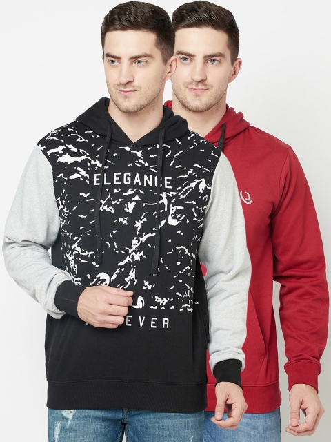 

ELEGANCE Men Set of 2 Black & Maroon Printed Hooded Sweatshirt