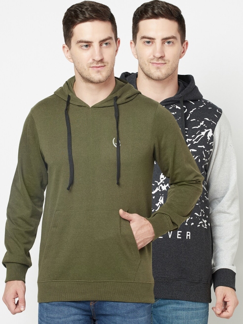 

ELEGANCE Men Pack Of 2 Olive Green & Black Printed Hooded Sweatshirt