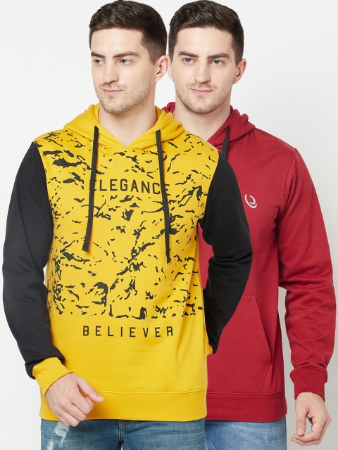 

ELEGANCE Men Pack Of 2 Mustard & Red Printed Hooded Sweatshirts