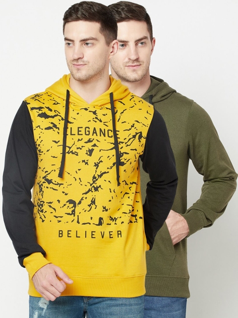 

ELEGANCE Men Set of 2 Yellow & Olive Printed Hooded Sweatshirt