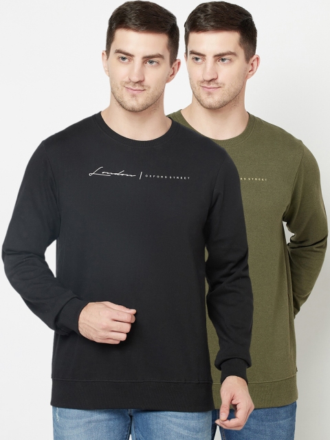 

ELEGANCE Men Pack of 2 Olive Green & Black Typography Printed Sweatshirts