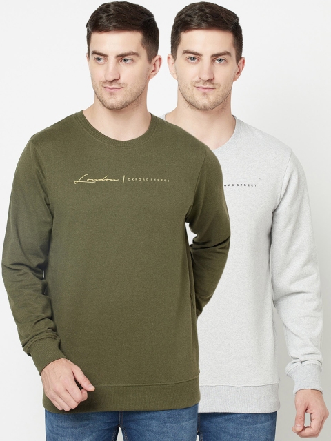 

ELEGANCE Men Pack of 2 Olive Green & Grey Typography Printed Sweatshirts