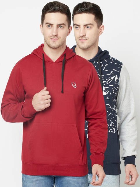 

ELEGANCE Set-2 Men Navy& Red Printed Hooded Sweatshirt, Navy blue