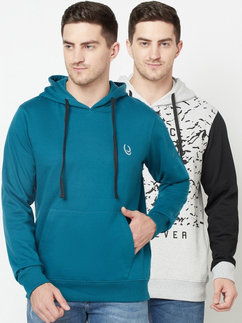 

ELEGANCE Men Pack Of 2 Teal Blue & Grey Printed Hooded Sweatshirts