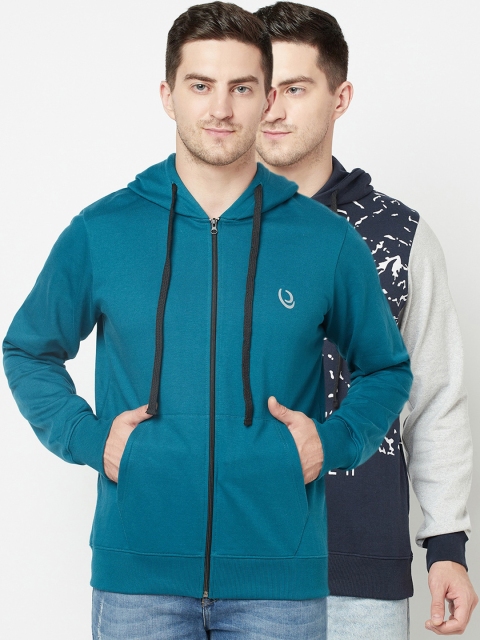 

ELEGANCE Men Set of 2 Teal & Black Printed Hooded Sweatshirt