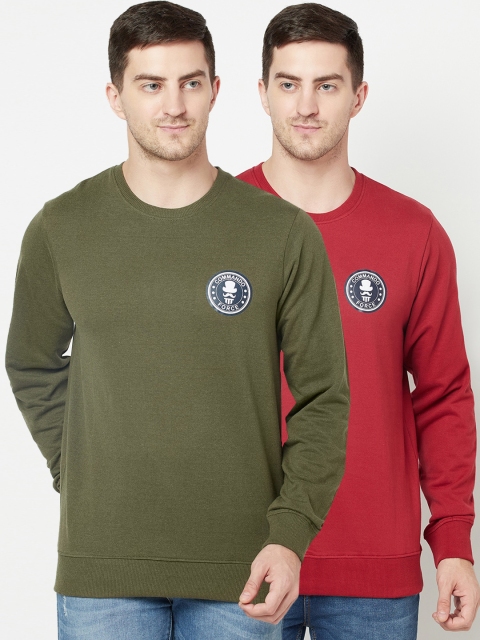 

ELEGANCE Men Pack Of 2 Red & Olive Green Sweatshirt
