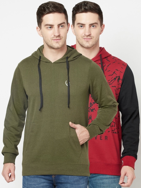 

ELEGANCE Men Olive Green & Red Printed Hooded Sweatshirts