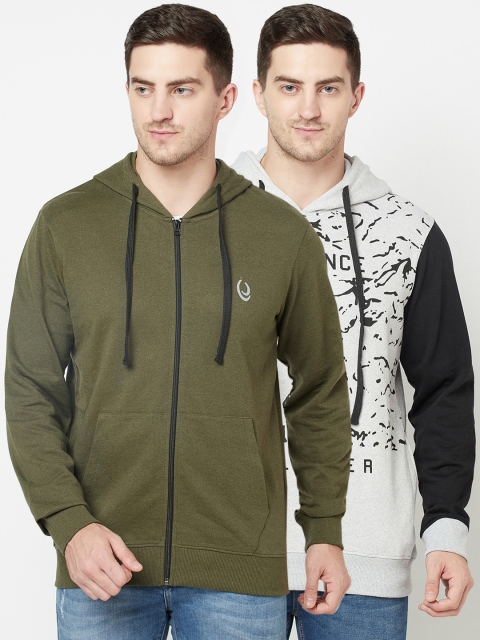 

ELEGANCE Men Olive Green & White Pack Of 2 Hooded Sweatshirt