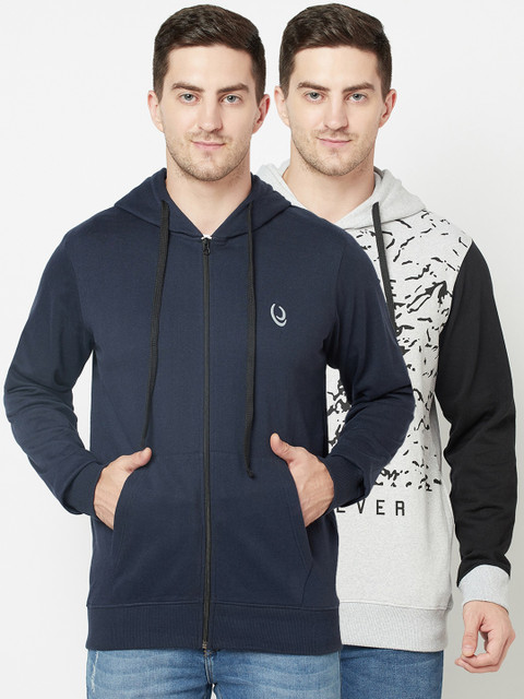

ELEGANCE Men Pack of 2 Navy Blue & Grey Printed Hooded Sweatshirts