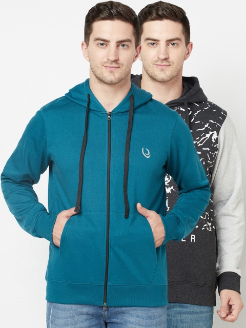 

ELEGANCE Men Set of 2 Teal & Black Printed Hooded Sweatshirt