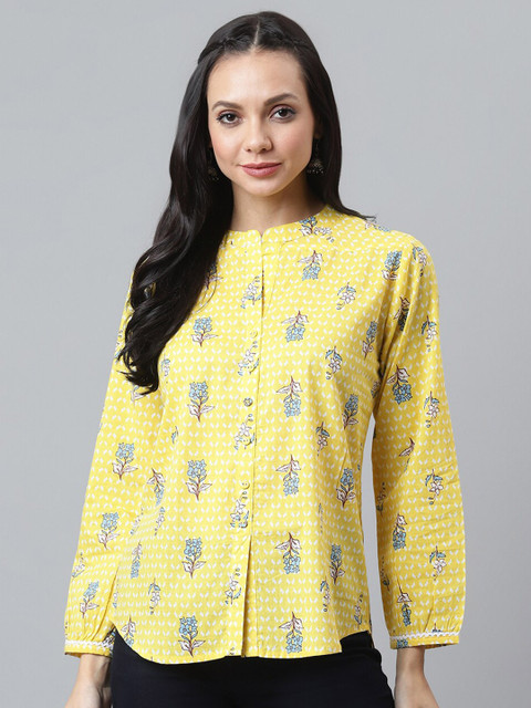 

QOMN Yellow Pure Cotton Floral Mandarin Collar Shirt Style Top