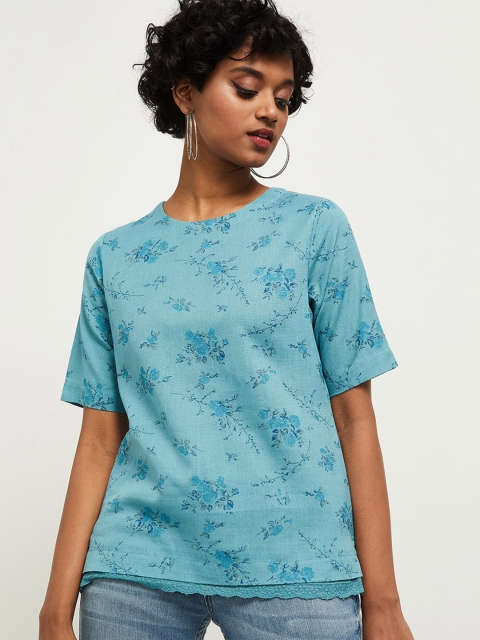 

max Women Blue Floral Dyed T-shirt