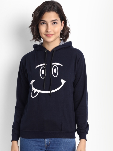 

BROADSTAR Women Navy Blue Graphic Printed Cotton Fleece Hooded Sweatshirt