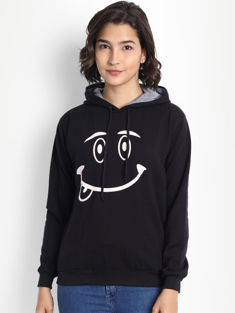 

BROADSTAR Women Black Printed Hooded Sweatshirt